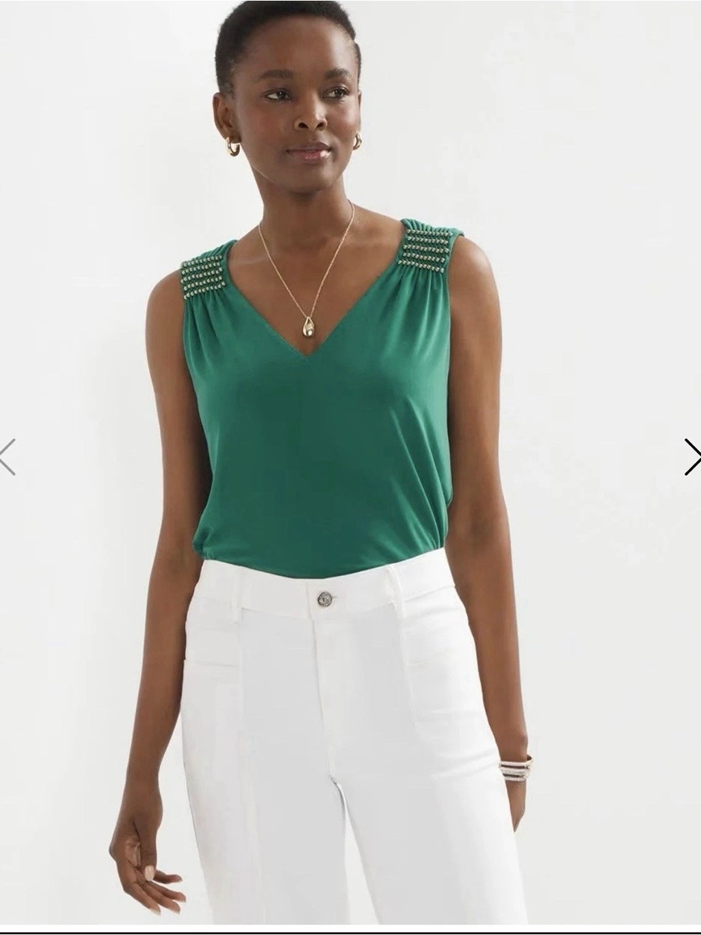 White House Black Market Green V-Neck Sleeveless Tank with Shoulder Bead Detail